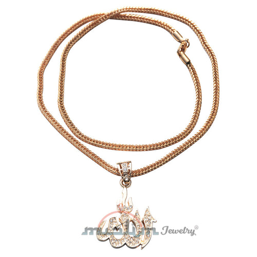 Large Gold Allah Pendant with Rhinestones Gold-Tone On 24"-(61 cm) Fox Tail Chain
