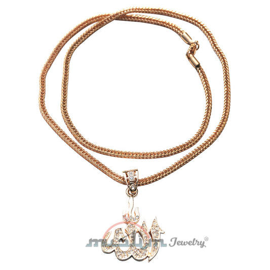 Large Gold Allah Pendant with Rhinestones Gold-Tone On 24"-(61 cm) Fox Tail Chain