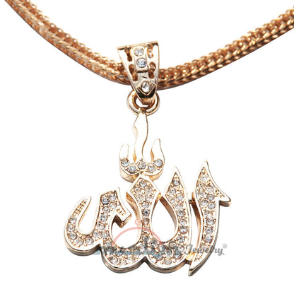 Large Gold Allah Pendant with Rhinestones Gold-Tone On 24"-(61 cm) Fox Tail Chain
