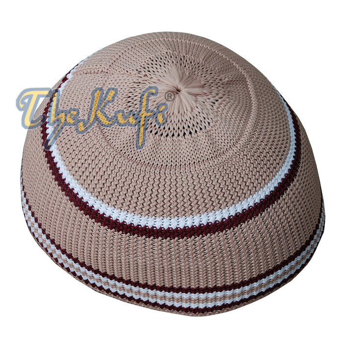 Light Brown Nylon Kufi with Maroon & White