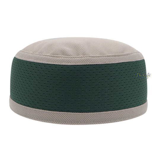 Light Khaki and Dark Green Madun Vented Top Pliable Two-Color Round Kufi Hat