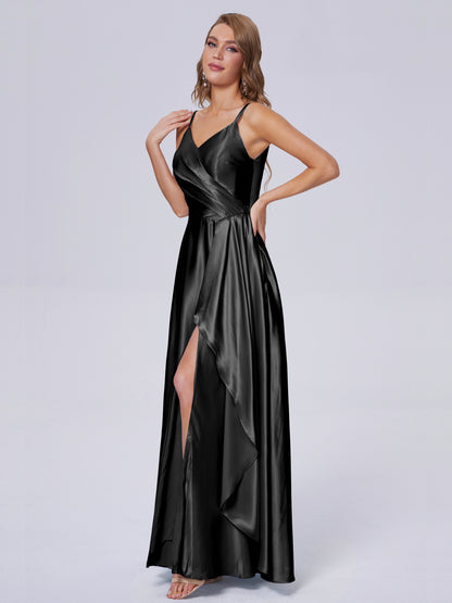 Lila Sexy Straps Soft Satin Long Bridesmaid Dresses