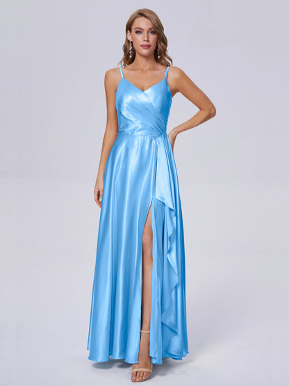 Lila Sexy Straps Soft Satin Long Bridesmaid Dresses