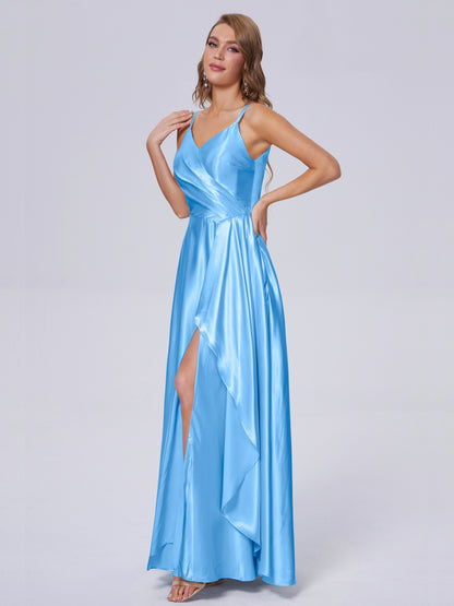 Lila Sexy Straps Soft Satin Long Bridesmaid Dresses