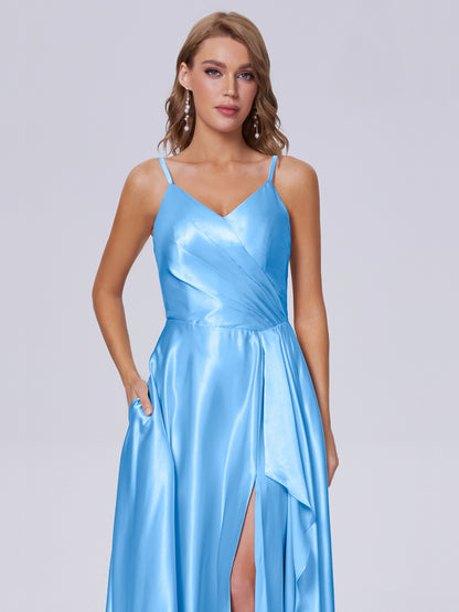 Lila Sexy Straps Soft Satin Long Bridesmaid Dresses