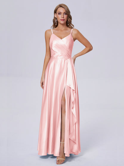 Lila Sexy Straps Soft Satin Long Bridesmaid Dresses