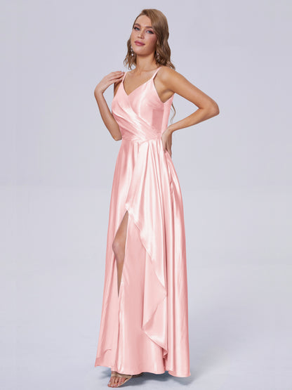 Lila Sexy Straps Soft Satin Long Bridesmaid Dresses