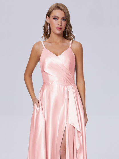 Lila Sexy Straps Soft Satin Long Bridesmaid Dresses