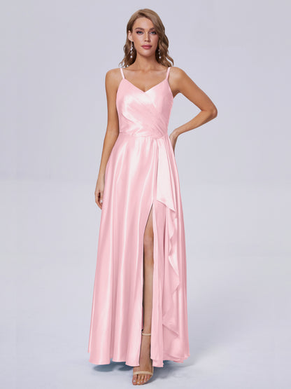 Lila Sexy Straps Soft Satin Long Bridesmaid Dresses