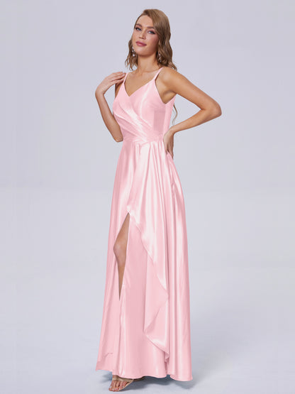 Lila Sexy Straps Soft Satin Long Bridesmaid Dresses
