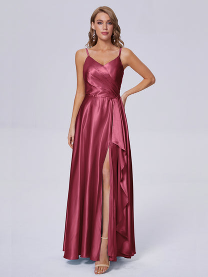 Lila Sexy Straps Soft Satin Long Bridesmaid Dresses