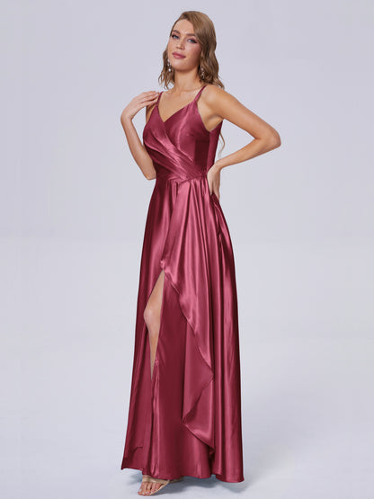 Lila Sexy Straps Soft Satin Long Bridesmaid Dresses