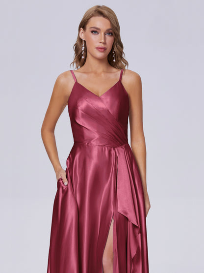 Lila Sexy Straps Soft Satin Long Bridesmaid Dresses