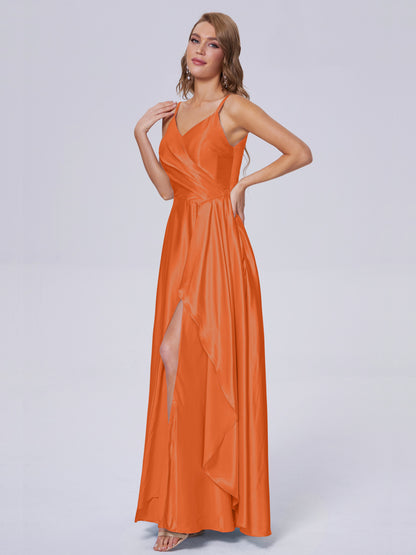 Lila Sexy Straps Soft Satin Long Bridesmaid Dresses
