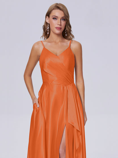 Lila Sexy Straps Soft Satin Long Bridesmaid Dresses