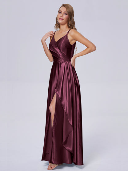 Lila Sexy Straps Soft Satin Long Bridesmaid Dresses