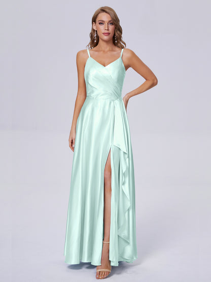 Lila Sexy Straps Soft Satin Long Bridesmaid Dresses