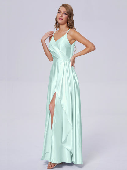Lila Sexy Straps Soft Satin Long Bridesmaid Dresses