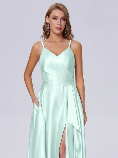 Lila Sexy Straps Soft Satin Long Bridesmaid Dresses