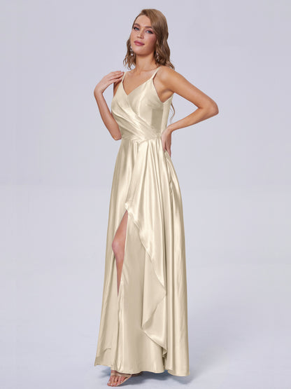 Lila Sexy Straps Soft Satin Long Bridesmaid Dresses