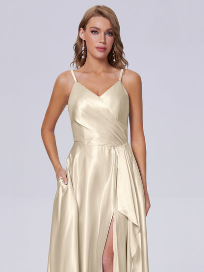 Lila Sexy Straps Soft Satin Long Bridesmaid Dresses