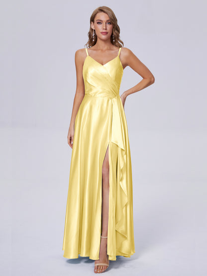 Lila Sexy Straps Soft Satin Long Bridesmaid Dresses