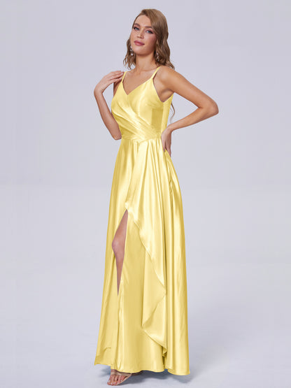 Lila Sexy Straps Soft Satin Long Bridesmaid Dresses