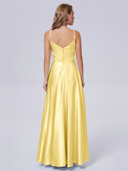 Lila Sexy Straps Soft Satin Long Bridesmaid Dresses