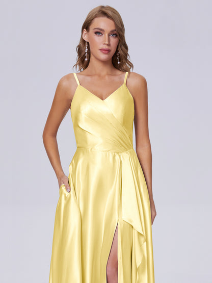 Lila Sexy Straps Soft Satin Long Bridesmaid Dresses