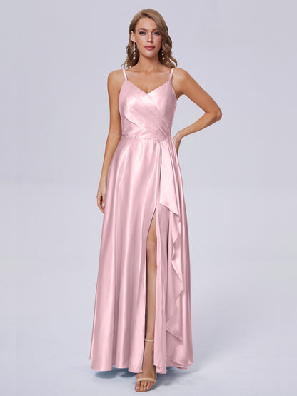 Lila Sexy Straps Soft Satin Long Bridesmaid Dresses