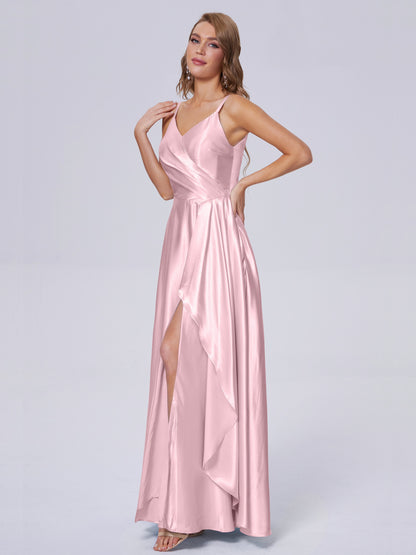 Lila Sexy Straps Soft Satin Long Bridesmaid Dresses