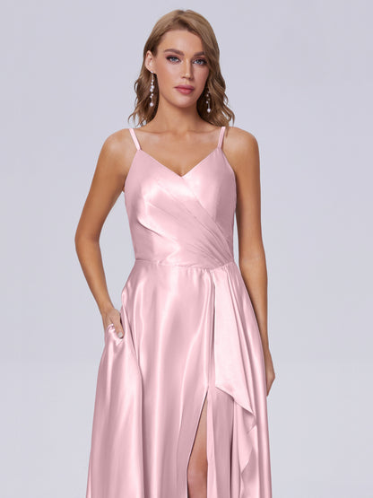 Lila Sexy Straps Soft Satin Long Bridesmaid Dresses