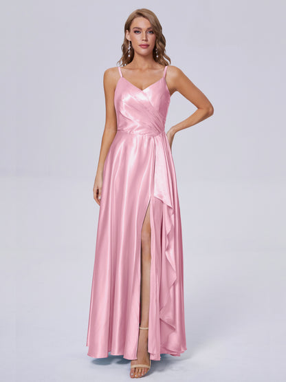 Lila Sexy Straps Soft Satin Long Bridesmaid Dresses