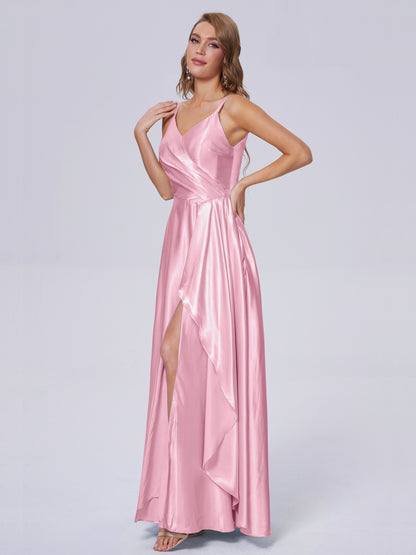 Lila Sexy Straps Soft Satin Long Bridesmaid Dresses