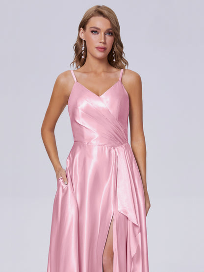 Lila Sexy Straps Soft Satin Long Bridesmaid Dresses