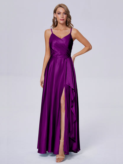 Lila Sexy Straps Soft Satin Long Bridesmaid Dresses