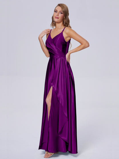 Lila Sexy Straps Soft Satin Long Bridesmaid Dresses