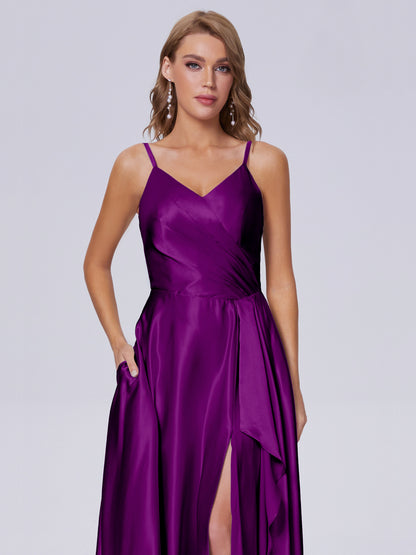 Lila Sexy Straps Soft Satin Long Bridesmaid Dresses