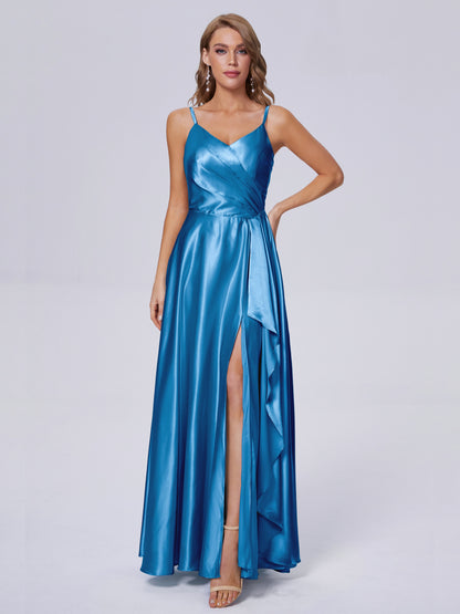 Lila Sexy Straps Soft Satin Long Bridesmaid Dresses