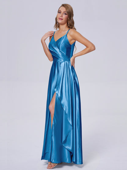 Lila Sexy Straps Soft Satin Long Bridesmaid Dresses