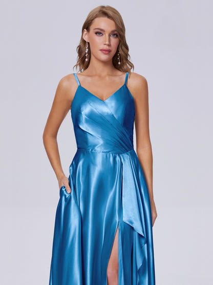 Lila Sexy Straps Soft Satin Long Bridesmaid Dresses