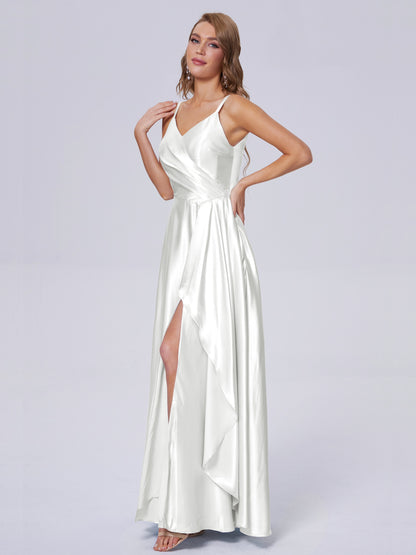 Lila Sexy Straps Soft Satin Long Bridesmaid Dresses