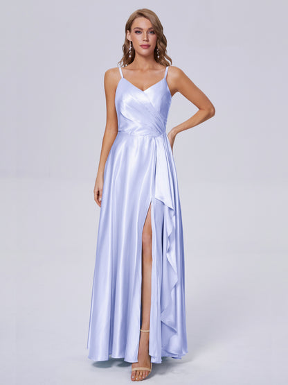 Lila Sexy Straps Soft Satin Long Bridesmaid Dresses