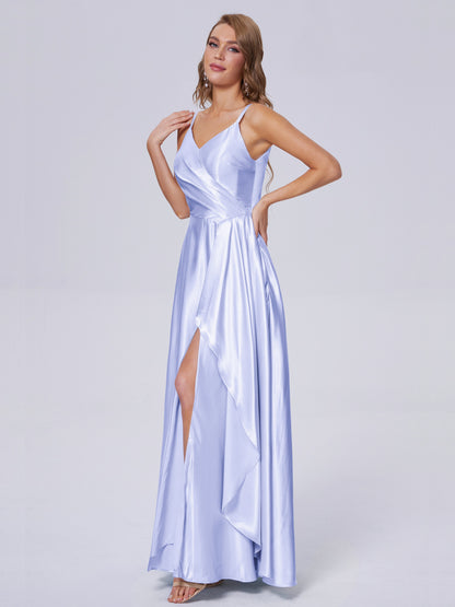 Lila Sexy Straps Soft Satin Long Bridesmaid Dresses