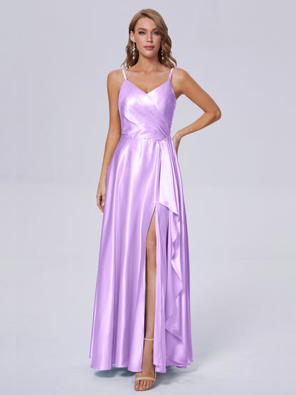 Lila Sexy Straps Soft Satin Long Bridesmaid Dresses