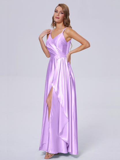Lila Sexy Straps Soft Satin Long Bridesmaid Dresses