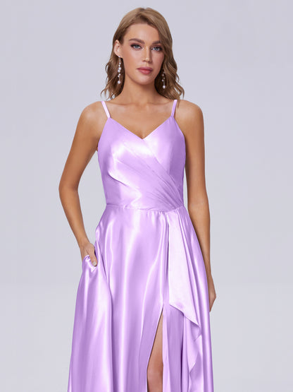 Lila Sexy Straps Soft Satin Long Bridesmaid Dresses