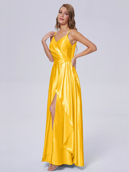 Lila Sexy Straps Soft Satin Long Bridesmaid Dresses