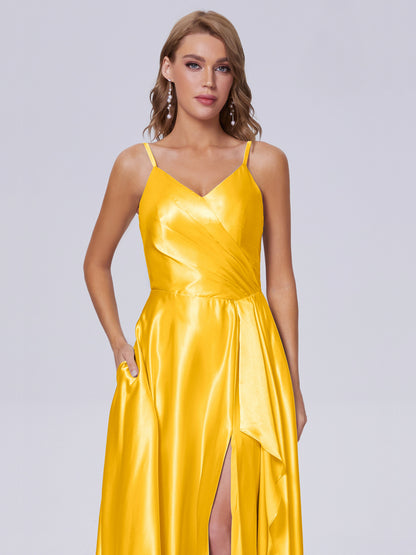 Lila Sexy Straps Soft Satin Long Bridesmaid Dresses