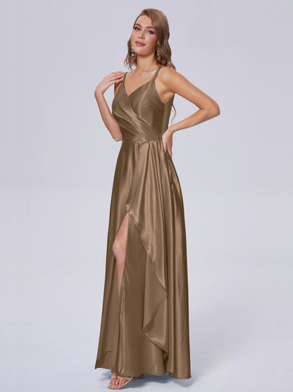 Lila Sexy Straps Soft Satin Long Bridesmaid Dresses